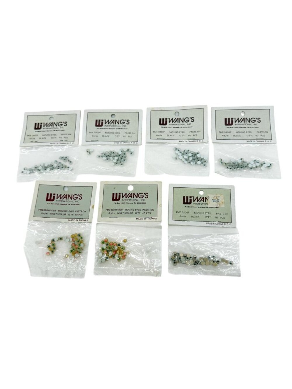 Lot 7 Wang's 4mm Paste On Moving Eyes 40 Pieces Each Black & Multi-Color NOS